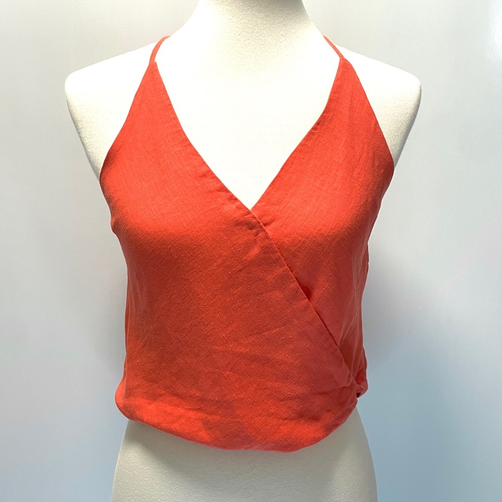 VIX by Paula Hermanny Cropped Linen Blend Wrap Halter Top